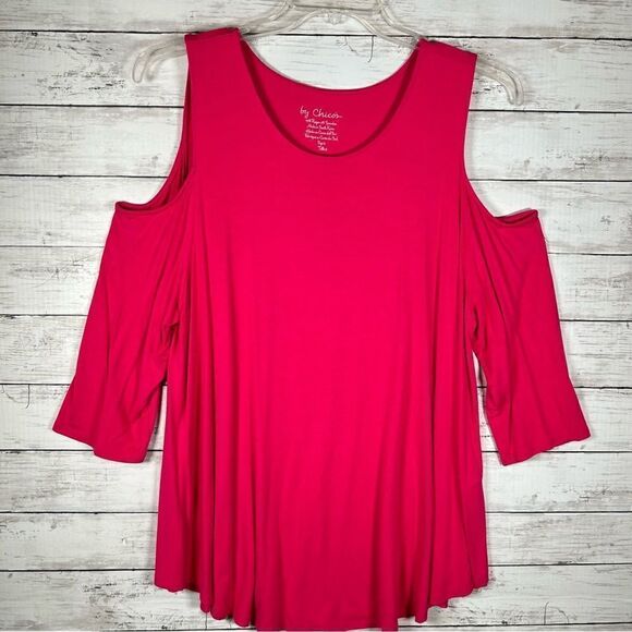 Chico’s Cold Shoulder Flare Swing Rayon Spandex Knit Pink Top 3 L/ 16-18 - Picture 2 of 4